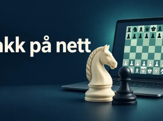 En lys springer og en mørk bonde foran en bærbar datamaskin med et digitalt sjakkbrett og teksten «Sjakk på nett».